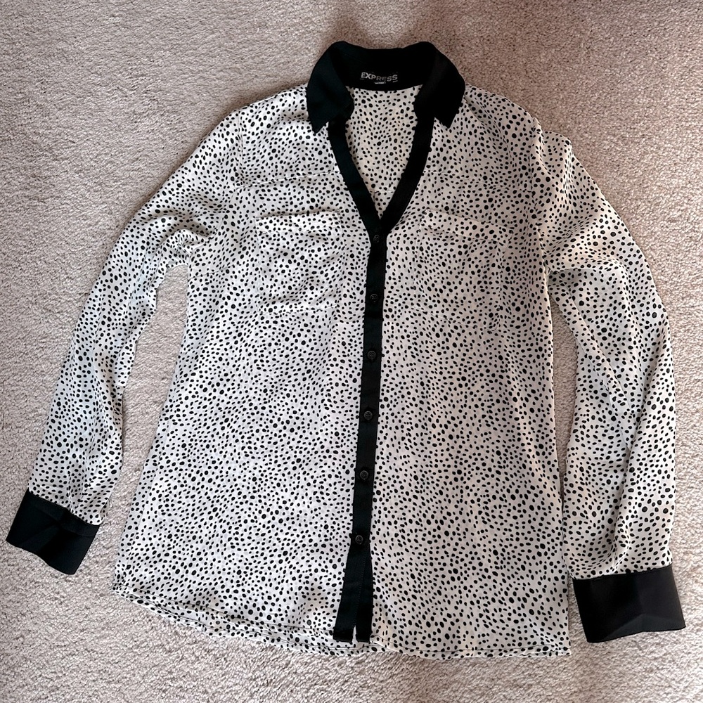 Express Portofino Button Down Blouse - White with Black dots